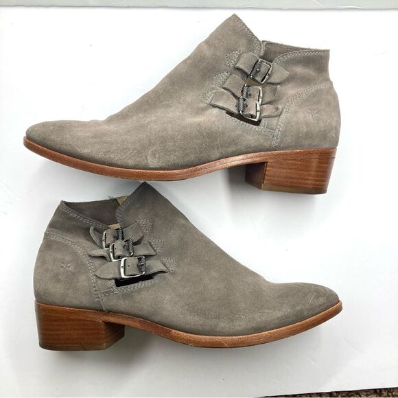 Frye Shoes - Frye Ray Belted STO Grey Suede Bootie Triple Buckle 9 M Boho Western Boots